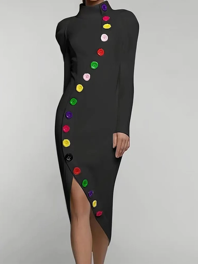 

Fashion Colorful Buttoned Bodycon Dress for Women High-Neck Long Sleeves A-line Dress 2025 Autumn X-shape Asymmetrical Dresses
