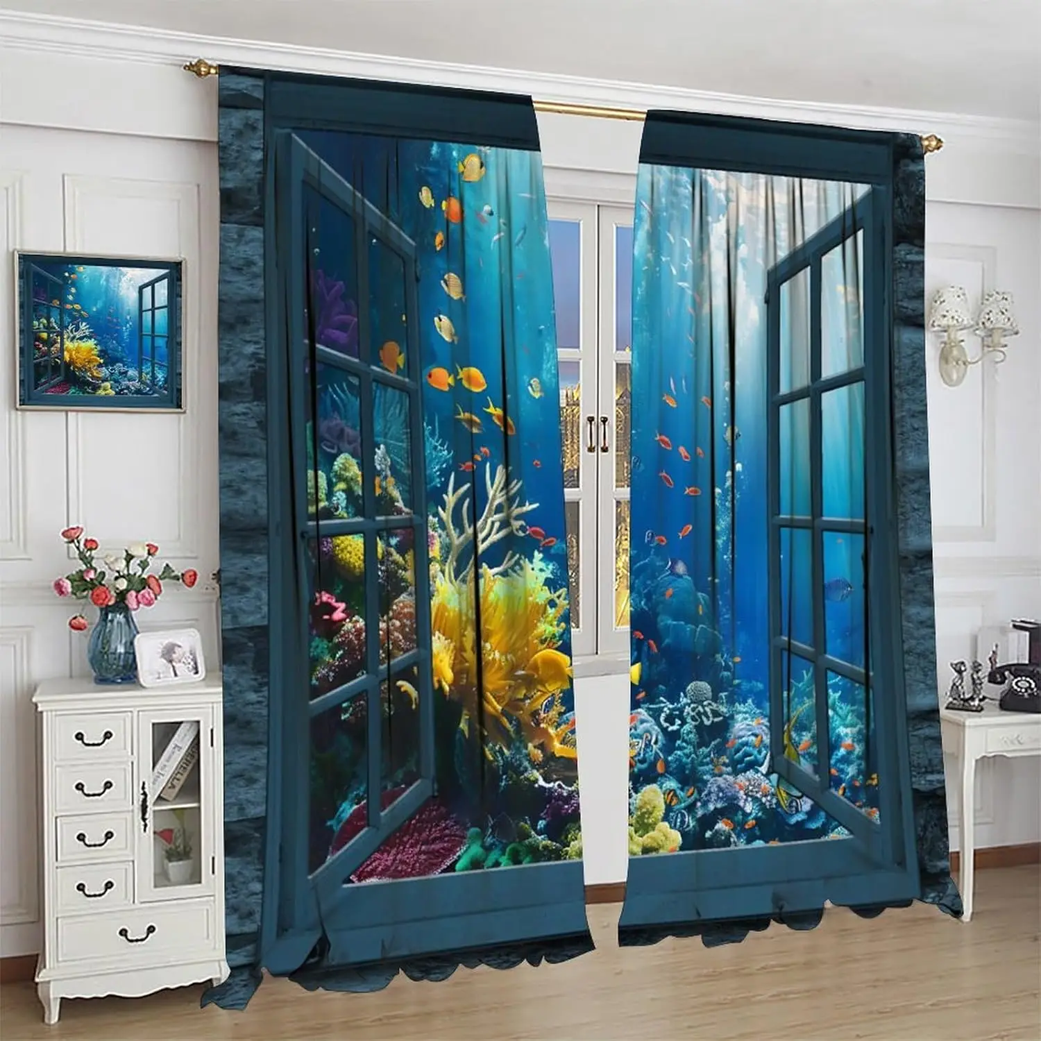 Ocean Animals Window Curtains Deep Sea Fish Coral Plants Underwater World Window Drapes for Bedroom Living Room Nursery