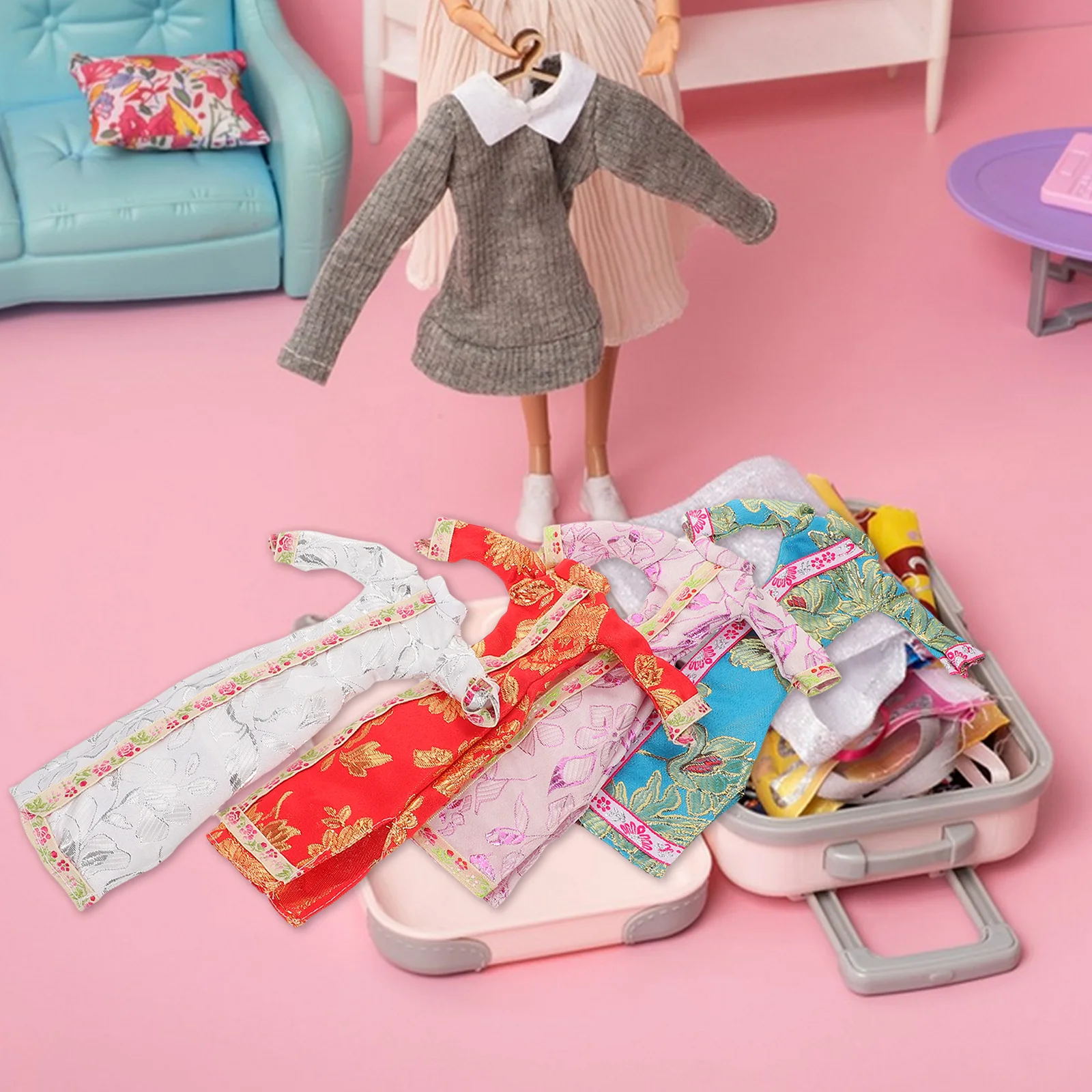 4 zestawy Mini Chińskie Sukienki Ślubne Cheongsam 30 cm Kwiatowy Styl Vintage dla Dziewczynek Strój Kostium na Imprezę dla Dzieci do Odgrywania Ról