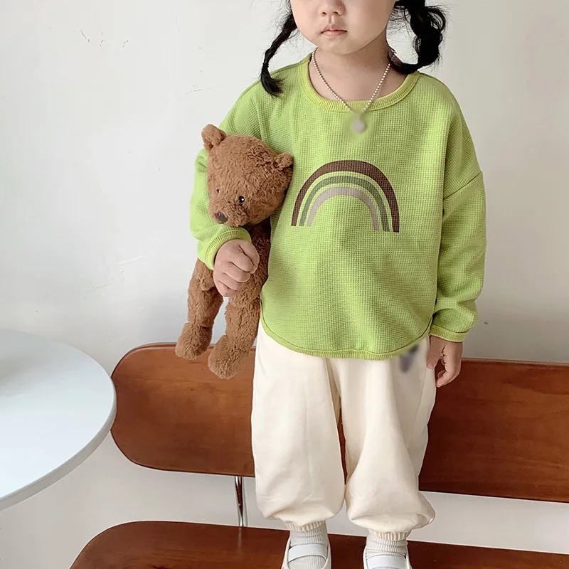 Spring Cotton Solid Sweatshirt for Boy Girls with Rainbow Long Sleeve Waffle T-Shirt Crew Neck Bottom Shirt Casual Outing Tops