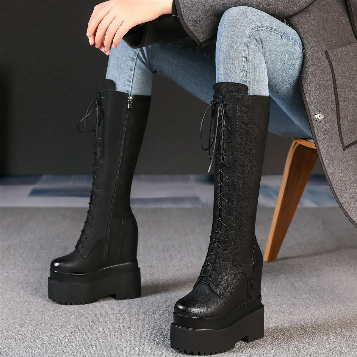 Winter Platform Pumps Shoes Women Lace Up Cow Leather Wedges High Heel Snow Boots Female Round Toe Fashion Sneakers Casual Shoes