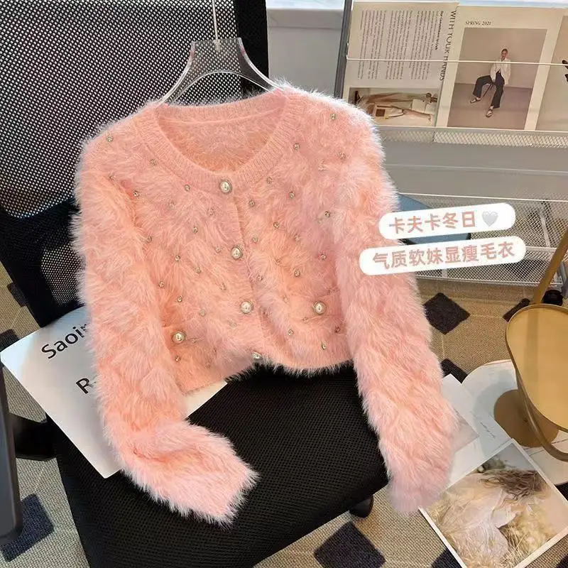 2024 Fashion Bead Imitation Mink Sweater Jacket Women Autumn Winter New Japanese Sweater Long Sleeved Knitt Cardigan Coat Female