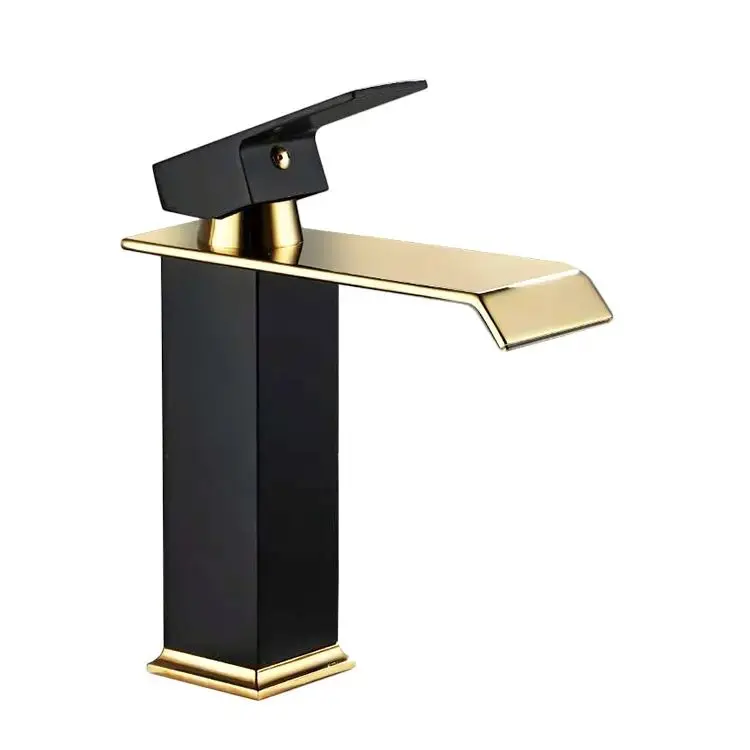 Deao Wholesale Gold and Black Waterfall Faucet Bathroom Basin Faucet Mixer Tap Hot and Cold Sink Faucet