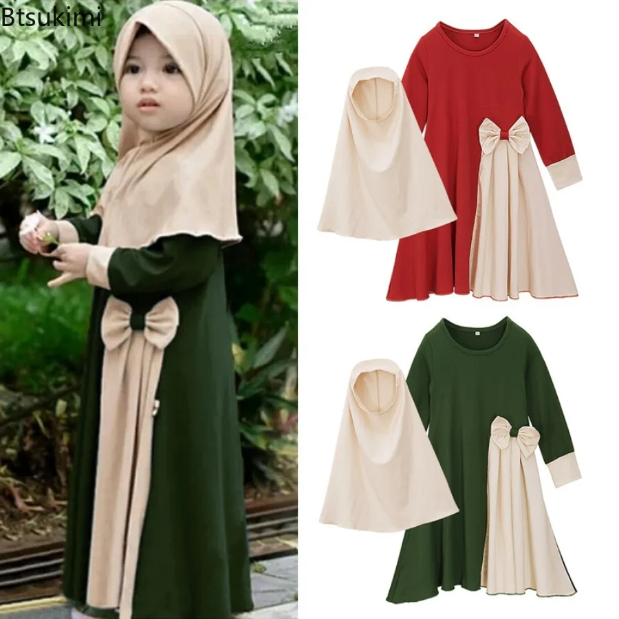 Muslim Ramadan Sets Kids Girls Abaya Long Dress Hijab Arab Children Robe with Headscarf 2 Piece Sets Islamic Kaftan Prayer Gowns