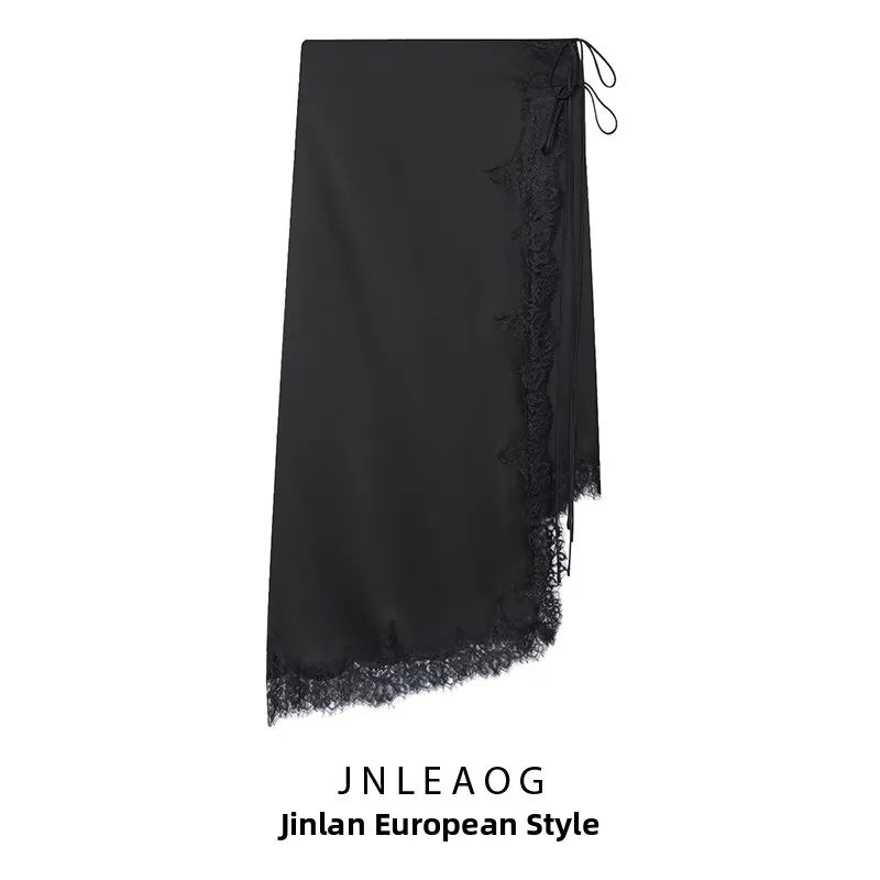 

JNLEAOG Faionable Lace Satin Skirt Women's Apparel Versatile Series Autumn New Sle Asymmetric Stand Fit Casual Wear
