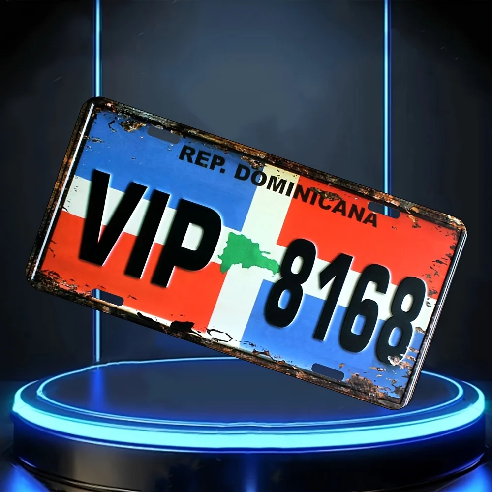 Vintage Dominican Republic Metal License Plate Waterproof Aluminum Wall Art with 'VIP' Design, Native Blue and Red Background