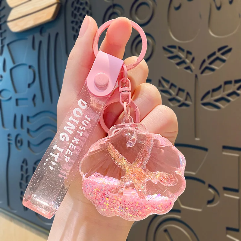 Exquisite Oil Color Starfish Shell Floating Bottle Key Chain Moving Sequins Quicksand Stone Liquid Transparent Shell Keychains