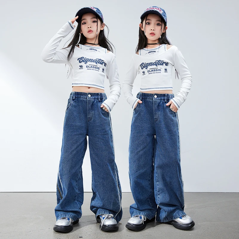 Kinder Kpop Hip Hop Kleidung Ernte Sweatshirt Tops Denim Casual Cargo Jogger Hose für Mädchen Jazz Tanz Kostüm Teen Street Kleidung