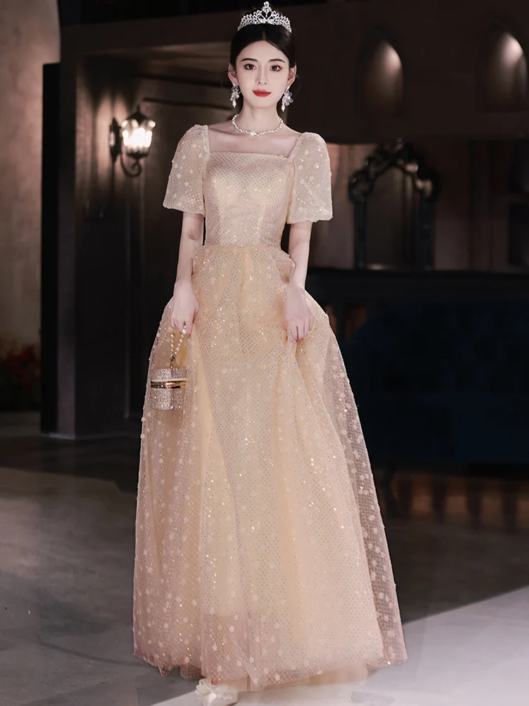 

Champagne Colored Evening Gown Women's Long Dr Host Performance High-End Feelings Chorus Cetition ow Cany Annual M...