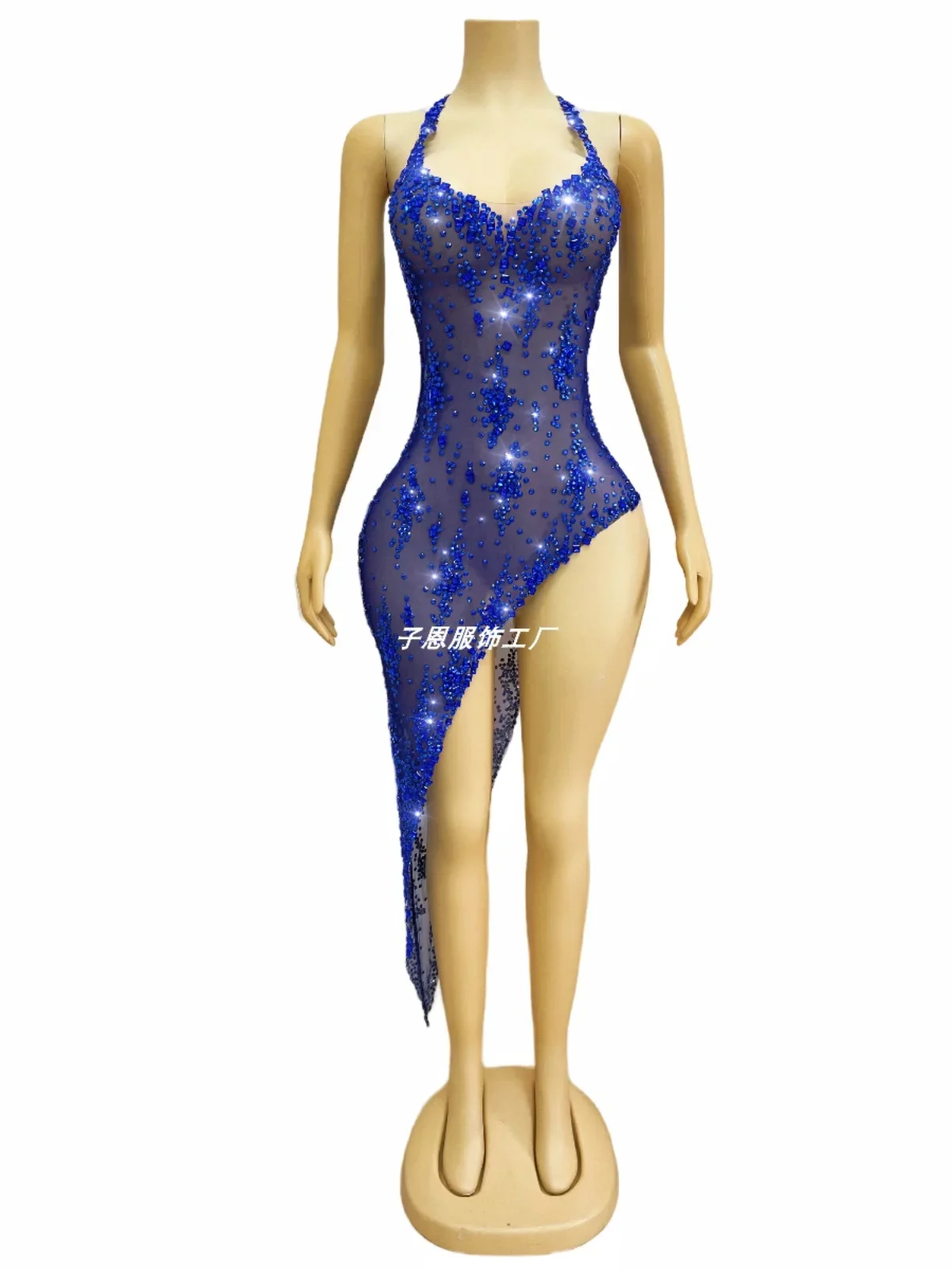 Crystal Bright Rhinestone Irregular Design Dress Cocktail Party Evening Performance Blue Dresses