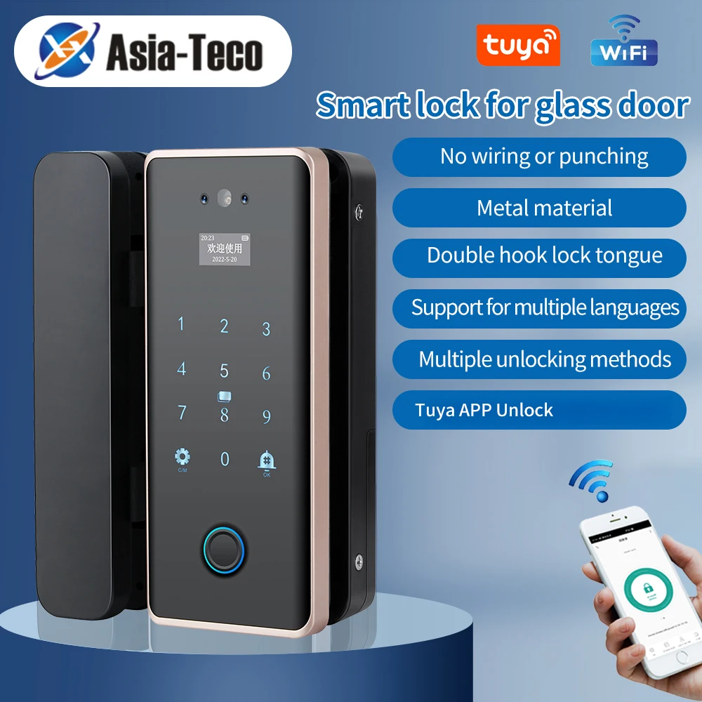 Tuya App 3D Face Recognition Smart Lock for Glass Door Biometric Electronic Fingerprint Unlock Work with M1 TUYA Gateway + Key