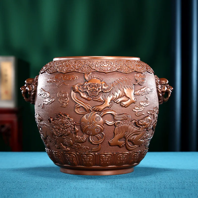 Copper cylinder ornament, lion playing ball cylinder entrance cornucopia craft gifts