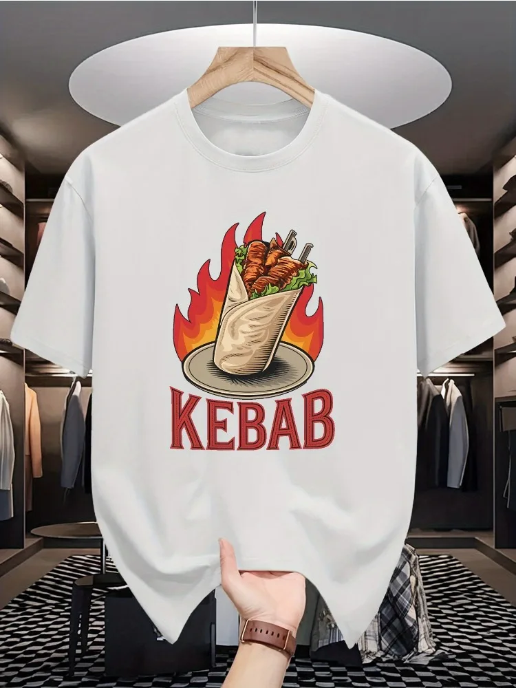 Men's Summer Cotton Casual Loose Fashion Kebab Pattern Printed Comfortable Sports Round Neck Short Sleeve T-shirt Top