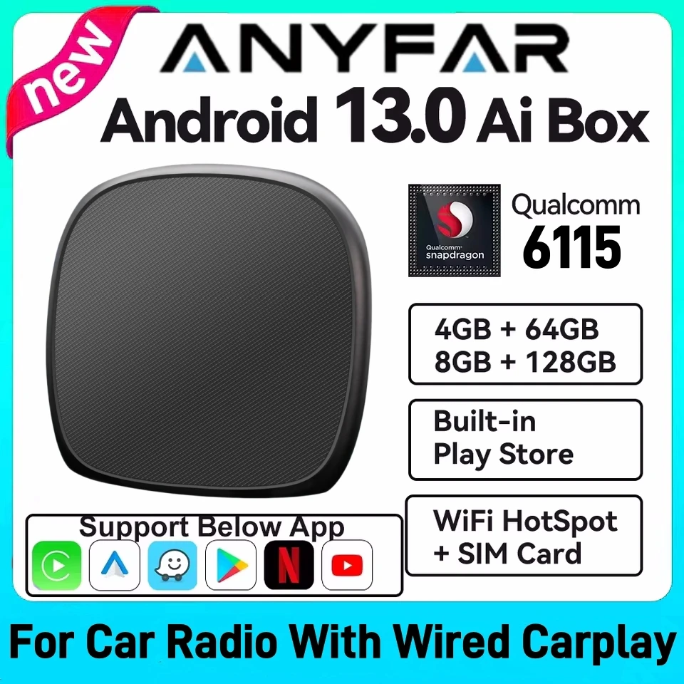 

Android 13 ANYFAR Android Auto Wireless CarPlay AI TV Box QCM6115 8-Core Split Screen 64G 128G For Netflix Play Store