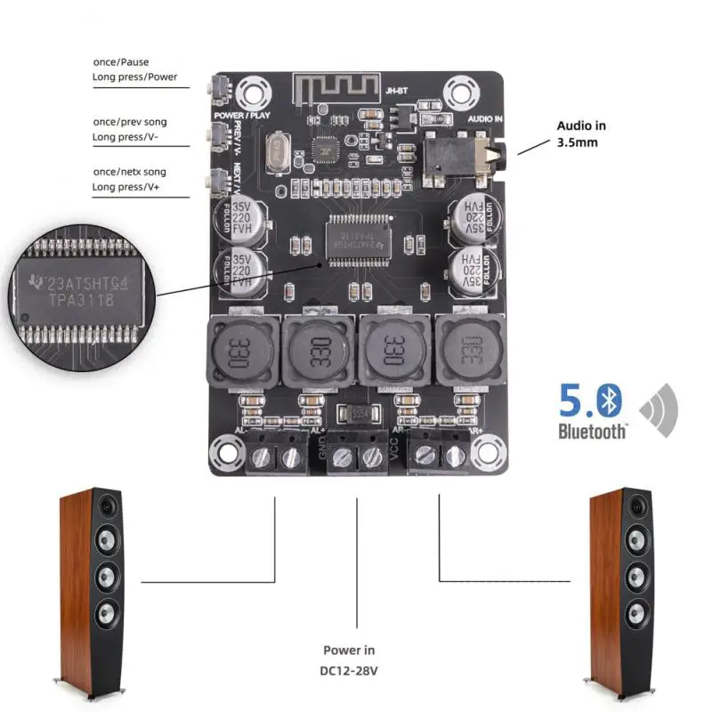 Audio Power Amplifier DC 12V-28V 2x45W 5.0 Wireless Amplifier Board 3.5mm Stereo Input Integrated Circuits