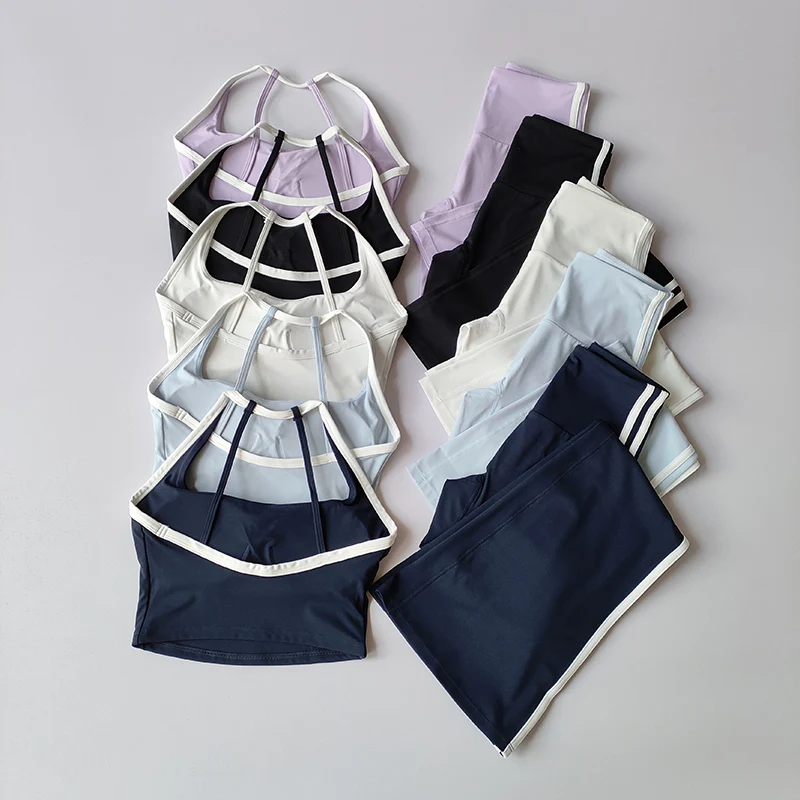 

Летний костюм из 2 предметов с высокой талией, закрывающий живот, профессиональный спортивный костюм для йоги, высококачественный интегрированный бюстгальтер, брюки-клеш, комплекты леггинсов