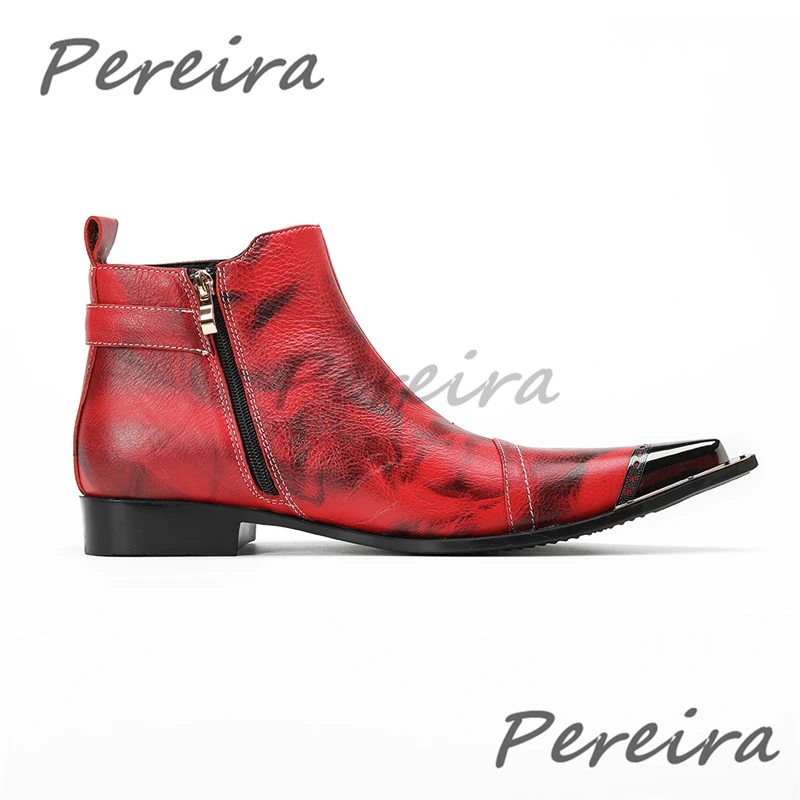 Red Black Iron Pointy Toe Men's Ankle Boots Fashion Belt Buckle Printed Genuine Leather Booties New Banquet Party Dress Shoes view 2