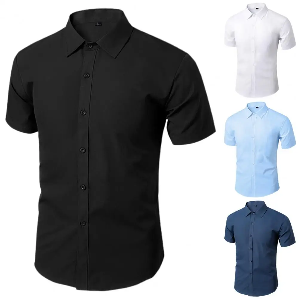 Men Shirt Short Sleeves Turn-down Collar Single-breasted Men Shirt Office Work Casual Suit Shirt Top Office Formal Men Clothes