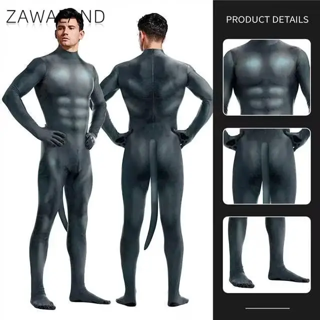 Zawaland Halloween Costume with Tail Animal Crotch Zipper Zentai Suit for Men Full Cover Jumpsuit Unisex Funny Disguise Outfit