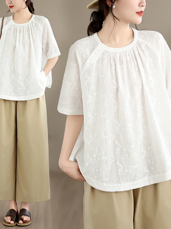

Artistic Embroidered Bubble Sleeve Doll Shirt Women's Summer Large Size Anti-Aging Short Sleeve Loose Fit round Neck Casual S...
