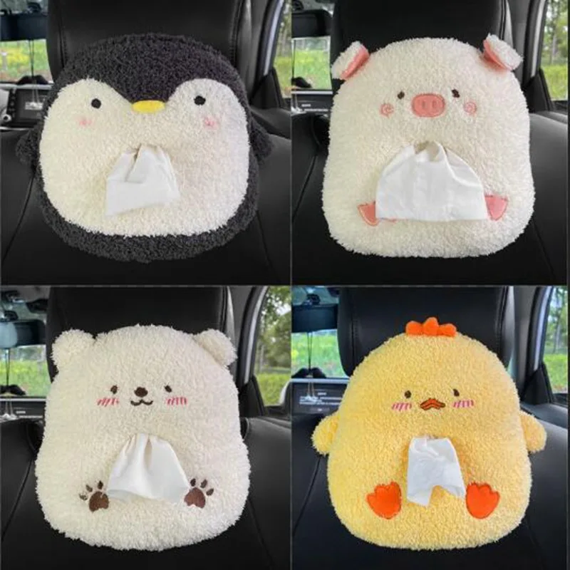 Cute Cartoon Bear Penguin Pig Chick Tissue Box Plush Napkin Holder Universal Car Room Paper Cover Animal Decoration Bracket