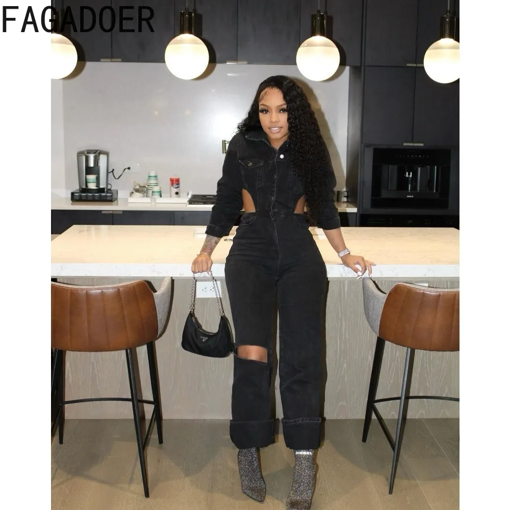 FAGADOER Black Autumn Winter Casual Denim Hole Jumpsuit Women Turndown Collar Button Long Sleeve Hollow Straight Cowboy Playsuit