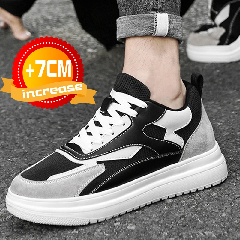

Designer luxury cow leather elevator shoes men sneakers height increasing shoes invisible 7cm heighten sports man taller lift