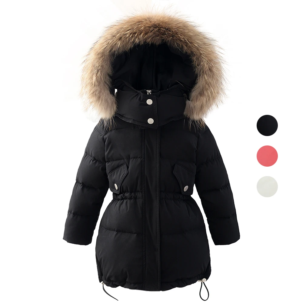 4-12T Kids Girls Down Coat Winter Warm 60% White Down Jackets For Girls Thicken Padded Coat Fur Hooded Waterproof Outerwear