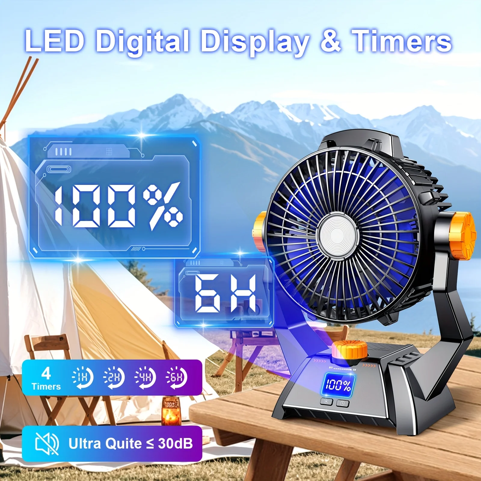Portable Camping Fan - Equipped with LED Lighting (Three Brightness Levels Adjustable), with Timer Function, Silent Operation, 360° Rotation, Extremely Long Battery Life, Strong Wind Force, and Adjustable Speed via USB.