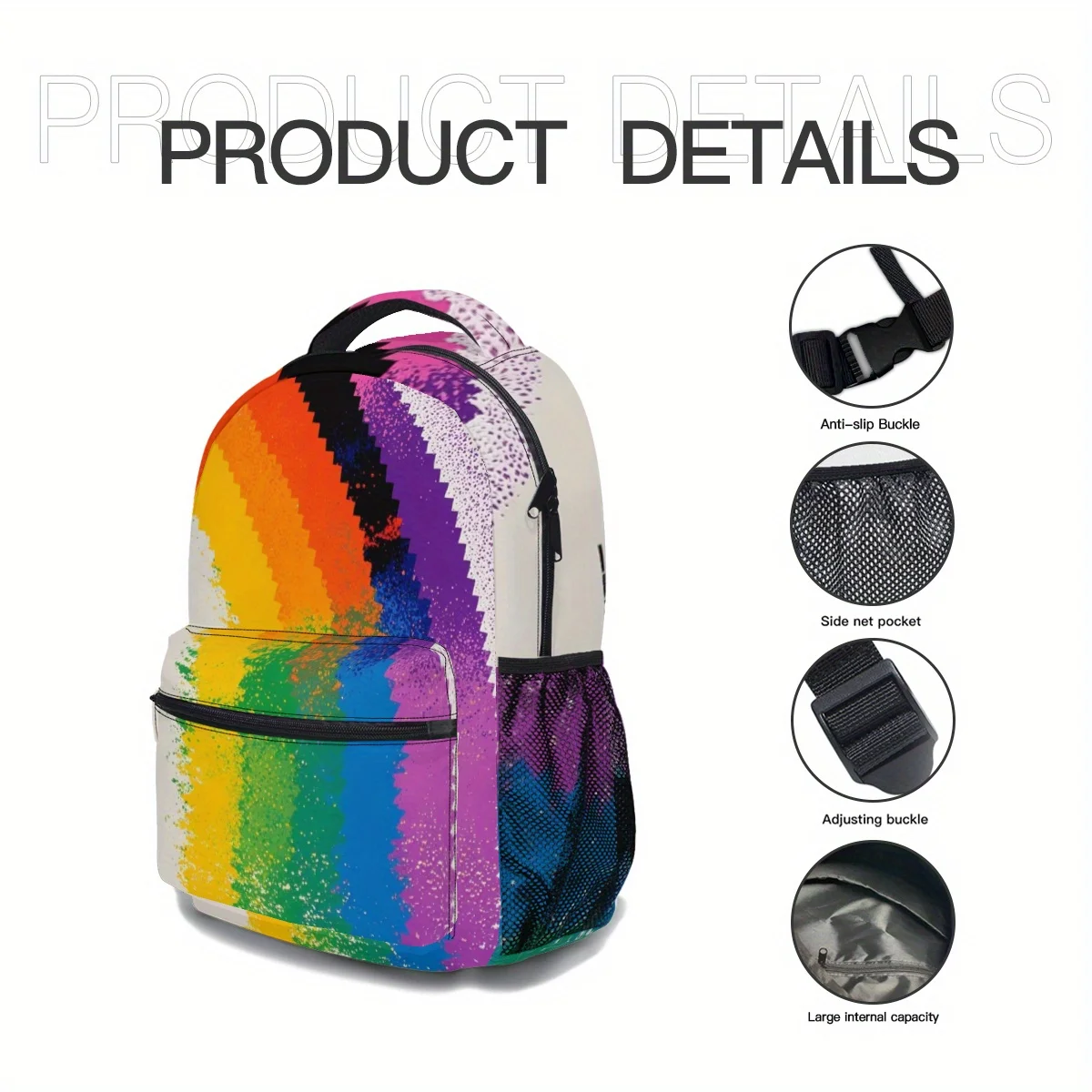 Rainbow Backpack - Lightweight School Travel Backpack with Tablet Pocket, Adjustable Shoulder Straps, Zipper Closure - view 5