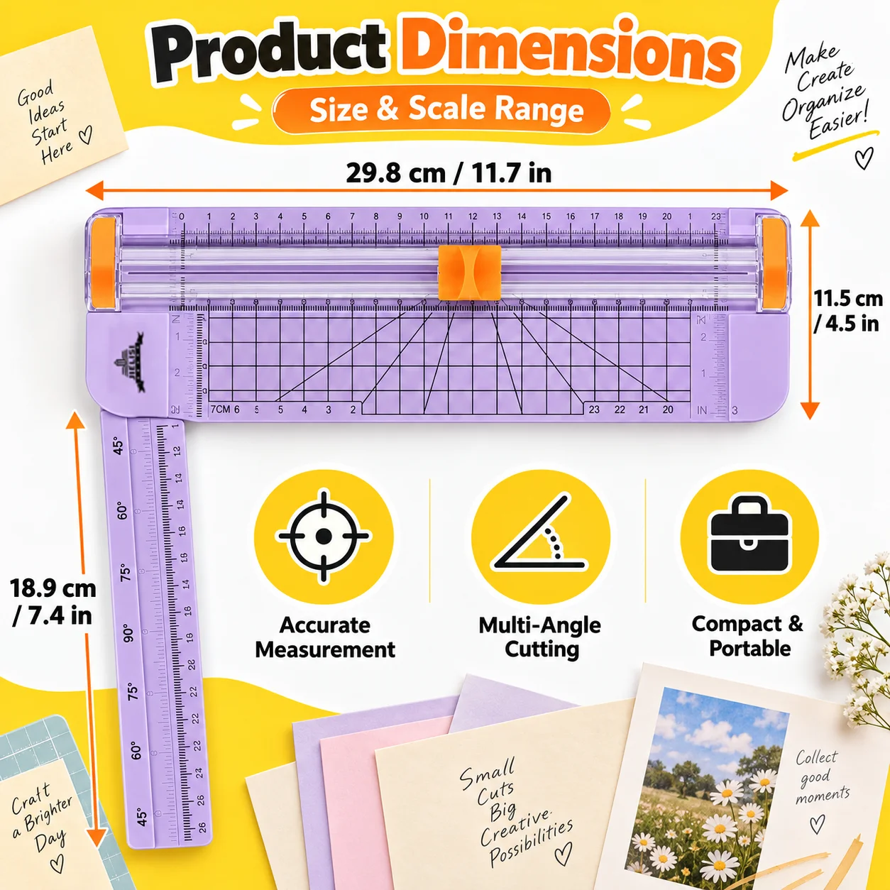 A5 Paper Trimmer with Sliding Safety Blade, Extension Ruler, Dual Scale & Angle Guide for Photos, Cards and Crafts