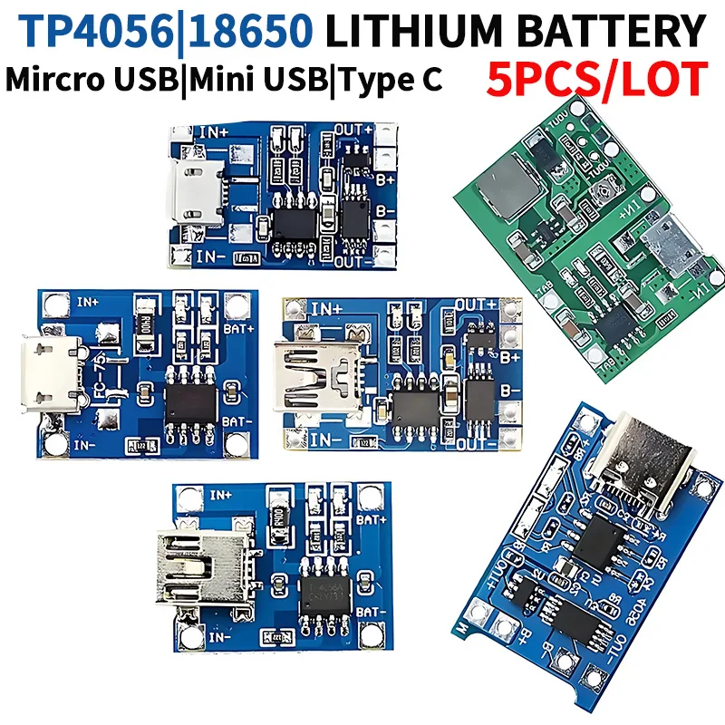 Módulo de cargador de batería de litio, placa de carga con protección, funciones duales, Li-ion 1A, Micro/Mini USB tipo C, 5V, 18650, TP4056, 10