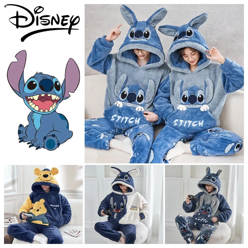 Disney Stitch Pooh Bear Winter Hooded Pajamas Set Men Women Pyjamas Cartoon Flannel Loung Sleepwear Couple Pijama Mujer Homewear