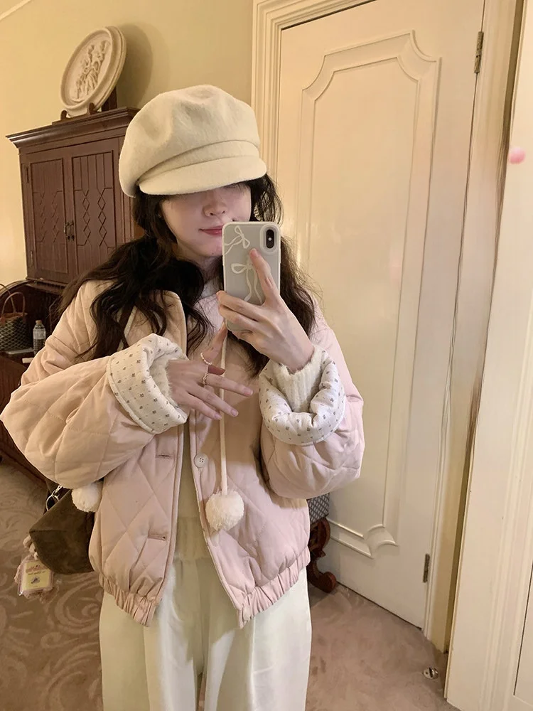 

PtonUmi Peach Poered Double-Sided Wear Floral Cotton Jaet Women's ort Warm Bread Sle Outerwear Winter Korean System