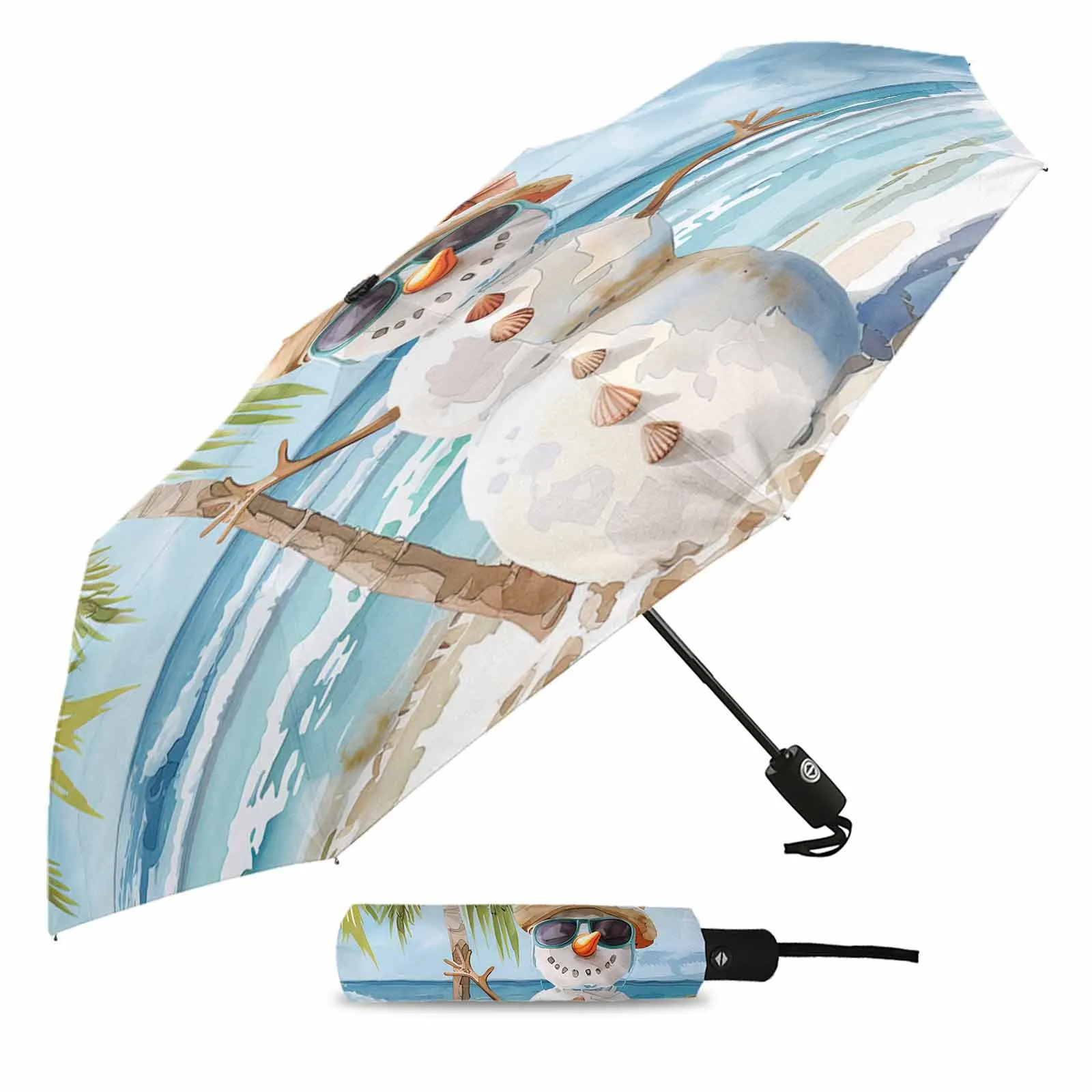 Christmas Snowman Beach Ocean Watercolor Fully-automatic Umbrella for Outdoor Adults Umbrella Foldable Eight Strand Umbrella