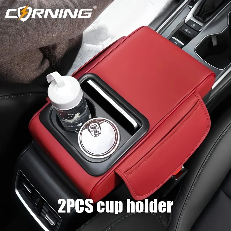 Car Universal Center Console Armrest Storage Box PU Leather Armrest Cushion with Dual Cup Holders Side Pocket Elbow Support Prot