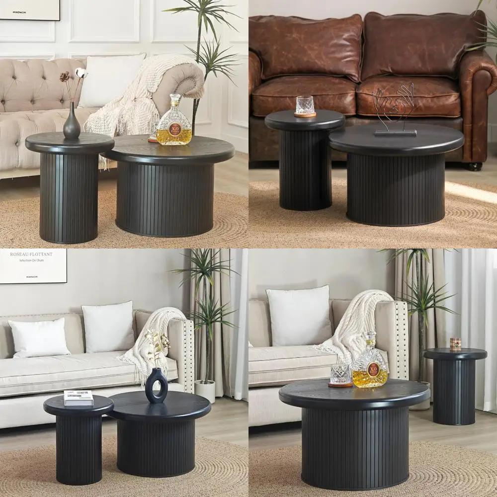 

kevinplus 41.7'' Black Round Nesting Coffee Table Set of 2 Side End Table for Living Room, Easy Assembly, Black