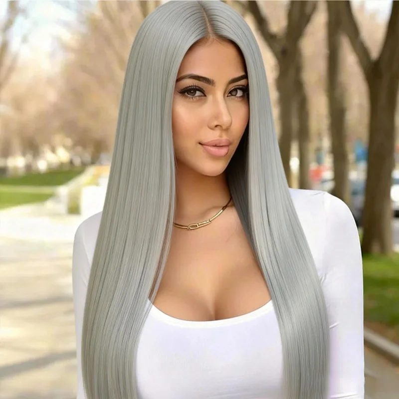 

28 inch synthetic silver gray straight hair wig for women, natural fluffy design, holiday party, daily Halloween versatile