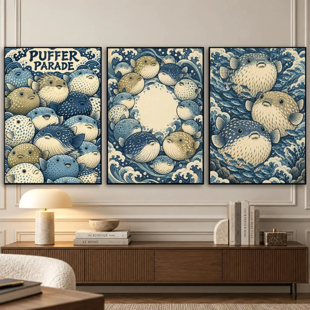 Pufferfish Crowd Painting Calligraphy 3 PCS Vintage Fashion Canvas Wall Art Prints for Living Room Decor