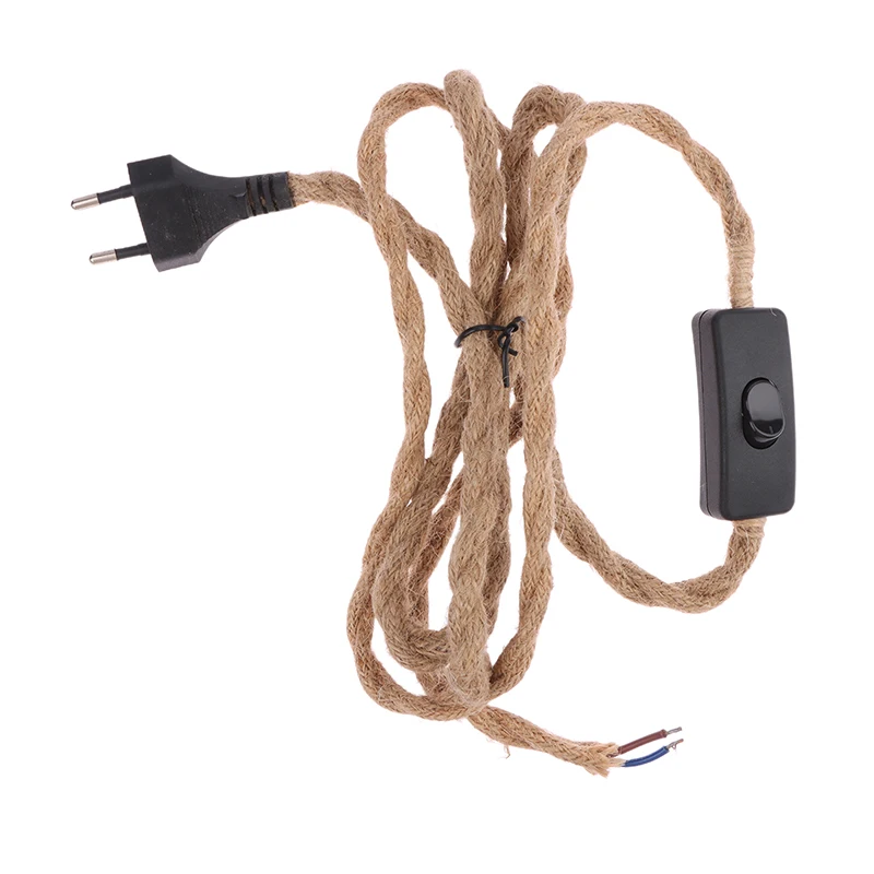 Cable de alimentación de cuerda de cáñamo retorcido con enchufe europeo, Cable de enchufe de Base de lámpara Retro E27, Cable de interruptor de hilo de 1,8 metros para decoración de lámpara de pared