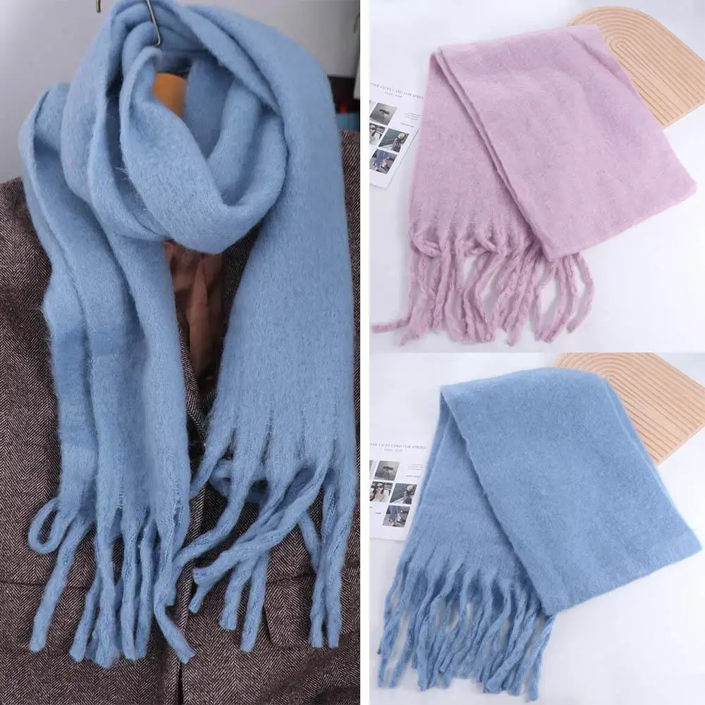 

Fashion Solid Color Long Wool Tassel Scarf Korean Style Outdoor Winter Cashmere Scarf Windproof Warm Cashmere Shawl Girl