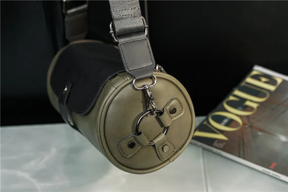 Vintage Herren Umhängetasche, Modische Fassförmige Schultertasche für Männer, Umhängetasche mit Klappe, Zylindrische Herren-Schultertaschen – Detail 10