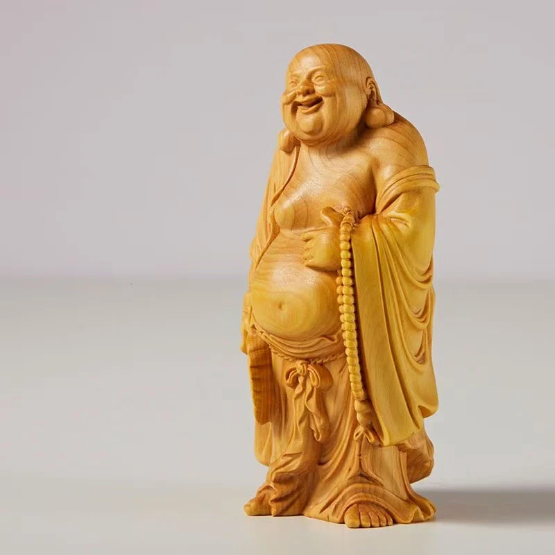 Wood carving Maitreya Buddha sculptures and figurines ，Chinese wooden  Home Room Office Table decoration and accessories