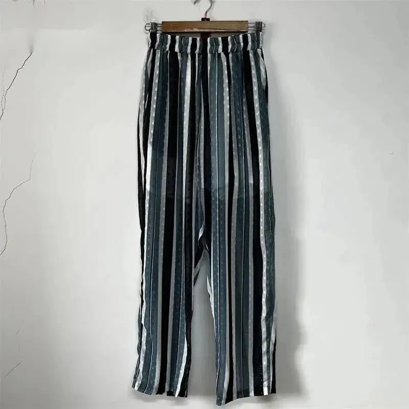 Jacquard Dot Vertical Stripe Draped Semi Sheer Chiffon Men's Wide Leg Trousers Elastic Waist Loose Casual Pants BF6Y