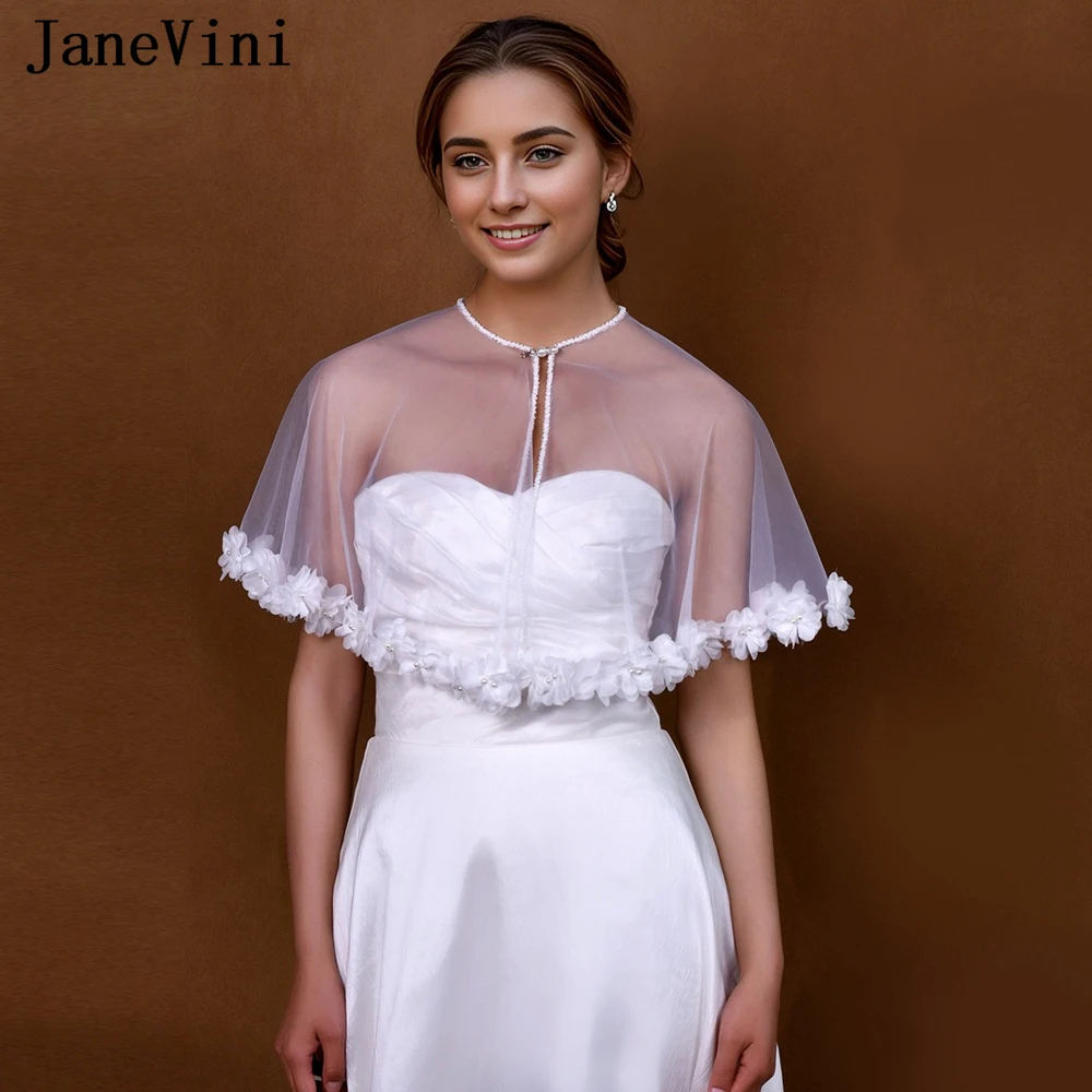 JaneVini 2024 Summer Flowers Pearl Cape Bridal Wraps Shrugs White Shawl Wedding Jackets Capelet Bolero Women Elegant Tulle Stole