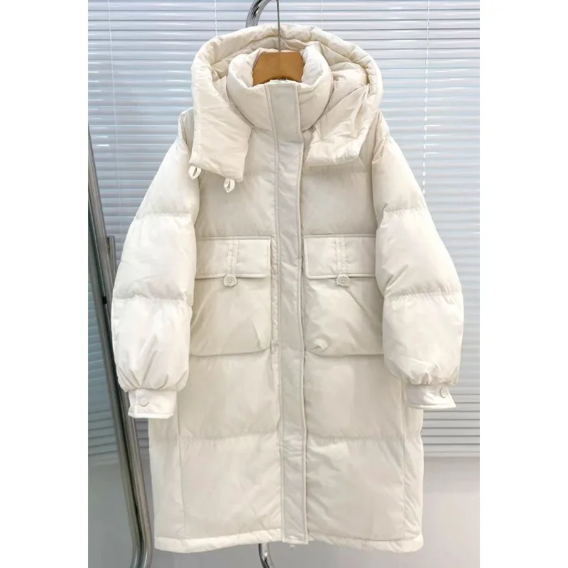 Jaqueta de pato branco para mulheres, Parkas de comprimento médio, casaco solto, casaco com capuz, sobretudo, outwear grosso e quente, inverno, 2024