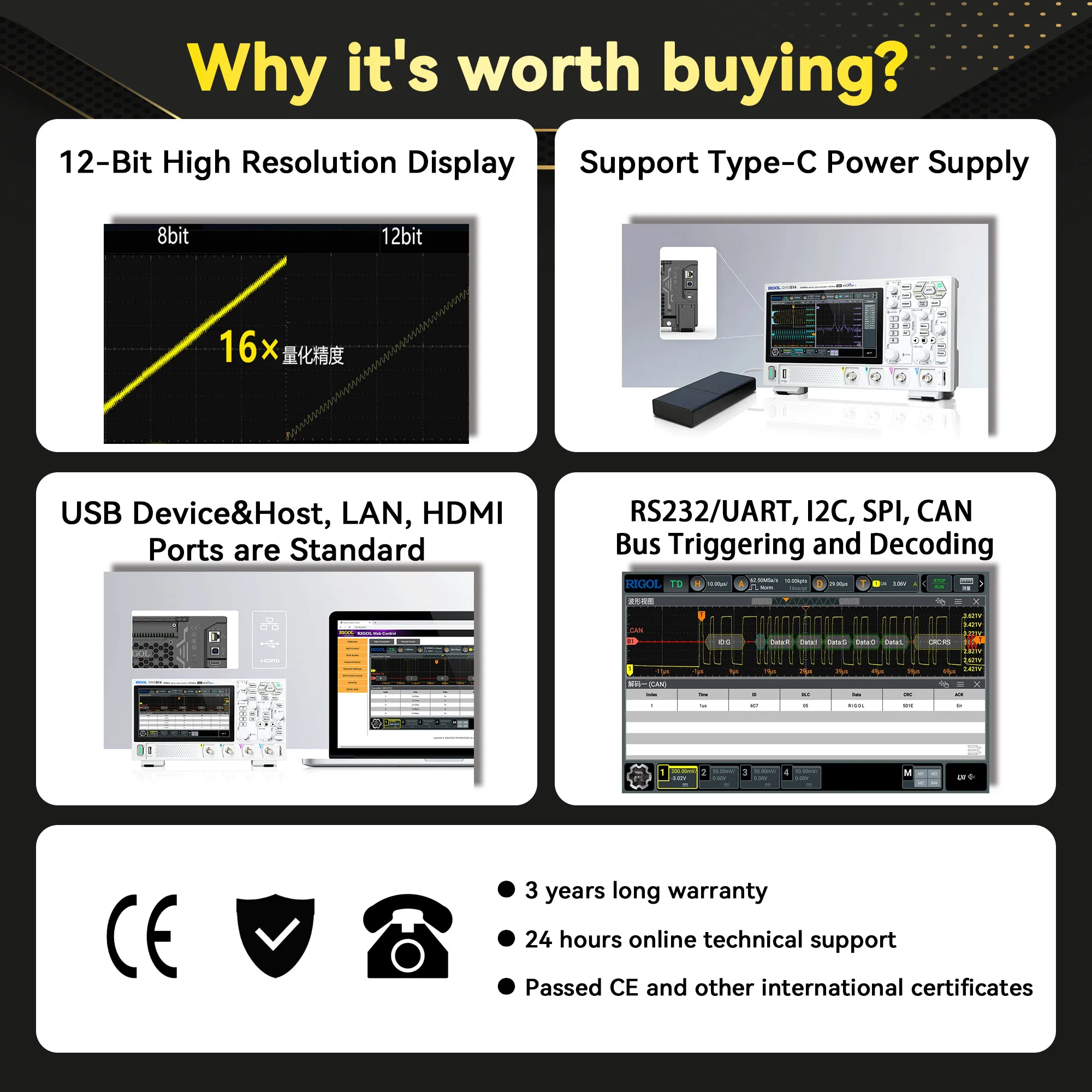 RIGOL DHO800 Series Digital Oscilloscopes Portable,70-100MHz,1.25G Sa/s, type-c Power Supply, DHO802/DHO804/DHO812/DHO814