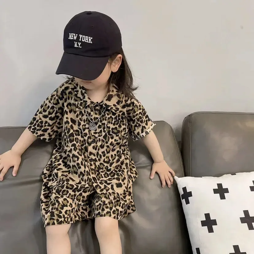 2024 Summer Girls Boys 2-8 Years Casual Leopad 2pcs Suit Kids Clohthing Set Blouse+ Shorts