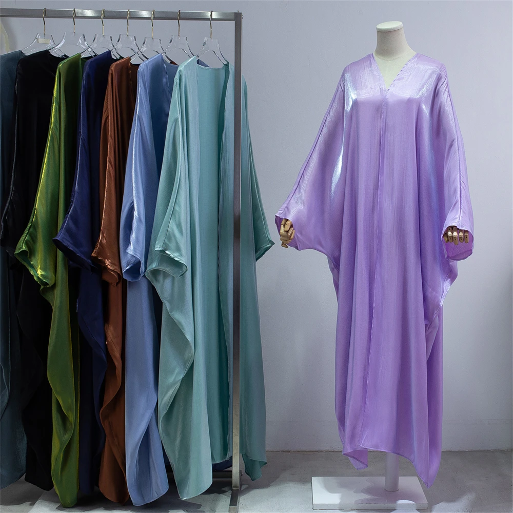 Fashion Casual Muslim Open Abaya for Women Corban Eid Ramadan 2024 New Bright Silk Satin Cardigan Robe Oversized Batwing Sleeve