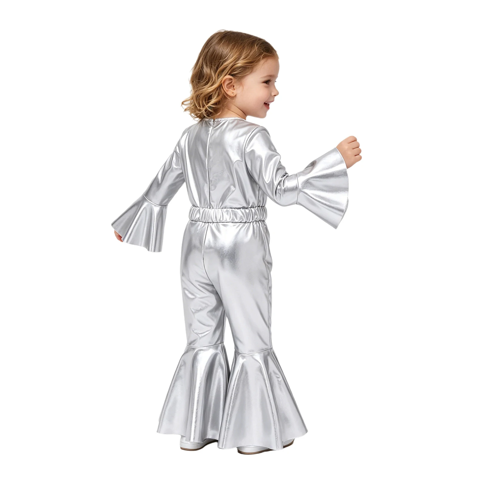 Baby Girls Metallic Jazz Dance Romper Flared Sleeve Zipper Ruffle Bell-bottom Jumpsuit with Bow Elastic Belt for Birthday Party